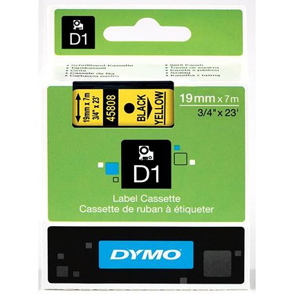 Dymo 45808 D1 Tape, Black on Yellow, 19mmx7m