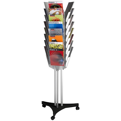 Fast Paper Mobile Display Unit, Three-Sided, 24 compartments, Silver