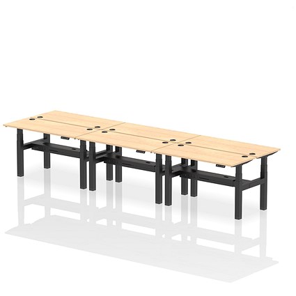 Air 6 Person Sit-Standing Bench Desk, Back to Back, 6 x 1400mm (600mm Deep), Black Frame, Maple