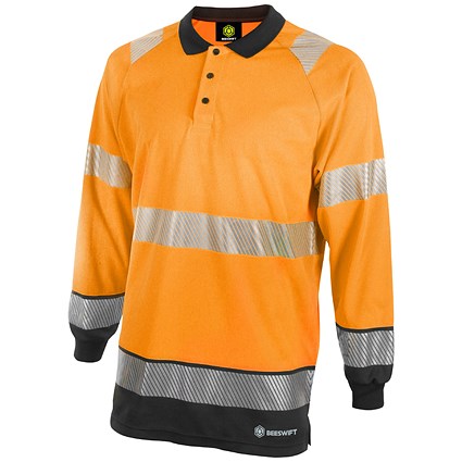 Beeswift High Visibility Two Tone Long Sleeve Polo Shirt, Orange & Black, Small