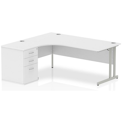 Impulse 1800mm Corner Desk with 600mm Desk High Pedestal, Left Hand, Silver Cantilever Leg, White