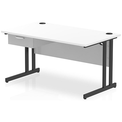Impulse 1400mm Rectangular Desk with attached Pedestal, Black Cantilever Leg, White