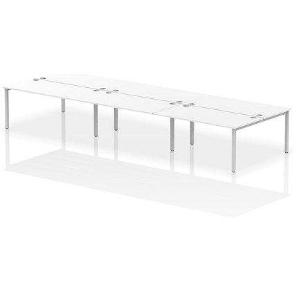 Impulse 6 Person Bench Desk, Back to Back, 6 x 1600mm (800mm Deep), Silver Frame, White