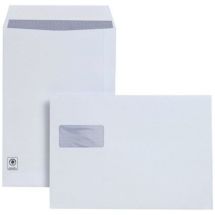 Plus Fabric C4 Pocket Envelopes with Window, Horizontal, White, Peel and Seal, 120gsm, Pack of 250