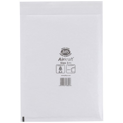 Jiffy Airkraft No.3 Bubble Lined Postal Bags, 220x320mm, Peel & Seal, White, Pack of 50
