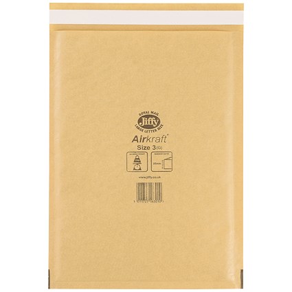 Jiffy Airkraft No.3 Bubble Bag Envelopes, 220x320mm, Gold, Pack of 50