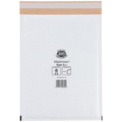 Jiffy Mailmiser No.3 Bubble-lined Protective Envelopes, 220x320mm, White, Pack of 50