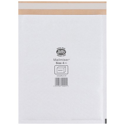 Jiffy Mailmiser No.4 Bubble Lined Protective Envelopes, 240x320mm, White, Pack of 50