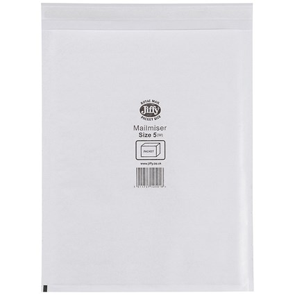Jiffy Mailmiser No.5 Bubble-lined Protective Envelopes, 260x345mm, White, Pack of 50