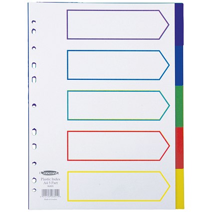 Concord Plastic Subject Dividers, 5-Part, Blank Multicolour Tabs, A4, White