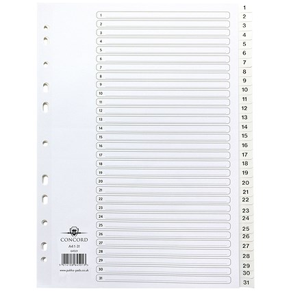 Concord Plastic Index Dividers, 1-31, Clear Tabs, A4, White
