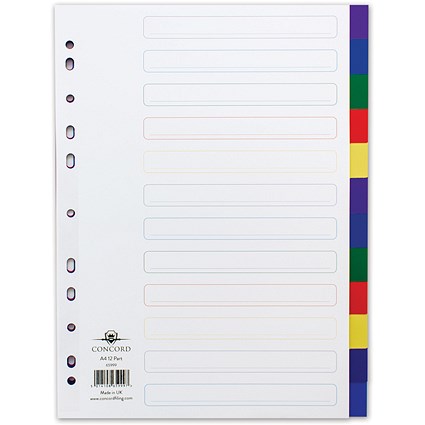 Concord Plastic Subject Dividers, 12-Part, Blank Multicolour Tabs, A4, White