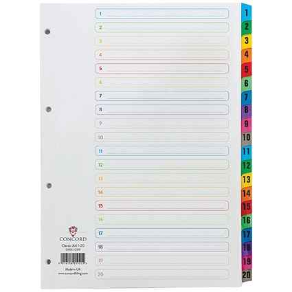 Concord Reinforced Board Index Dividers, 1-20, Multicolour Tabs, A4, White