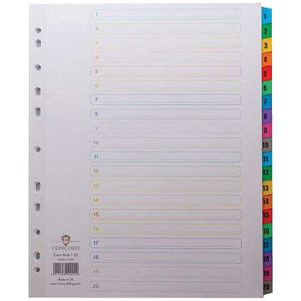 Concord Reinforced Board Index Dividers, Extra Wide, 1-20, Multicolour Tabs, A4, White
