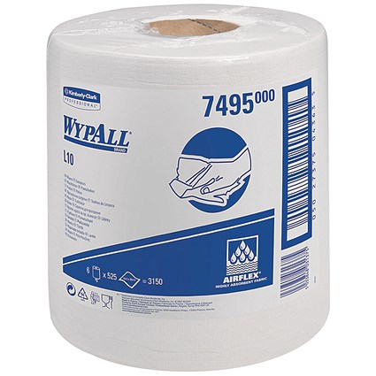 Wypall L10 Centrefeed Wiper Refills, 1-Ply, White, 6 Roll of 525 Sheets