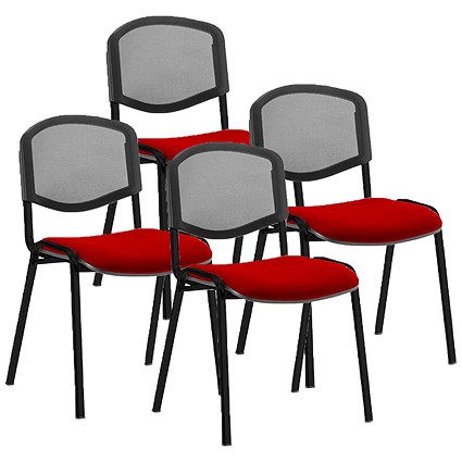 ISO Black Frame Mesh Back Stacking Chair, Bergamot Cherry Fabric Seat, Pack of 4