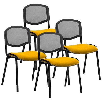 ISO Black Frame Mesh Back Stacking Chair, Senna Yellow Fabric Seat, Pack of 4