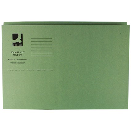 Q-Connect Square Cut Folders, 250gsm, Foolscap, Green, Pack of 100