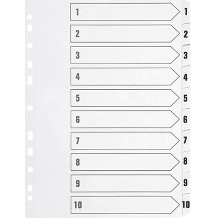 Q-Connect Plastic Index Dividers, 1-10, Clear Tabs, A4, White