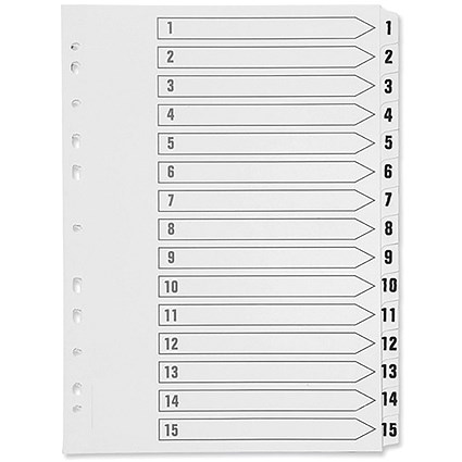 Q-Connect Plastic Index Dividers, 1-15, Clear Tabs, A4, White
