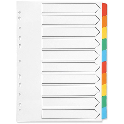 Q-Connect Reinforced Board Subject Dividers, 10-Part, Blank Multicolour Tabs, A4, White