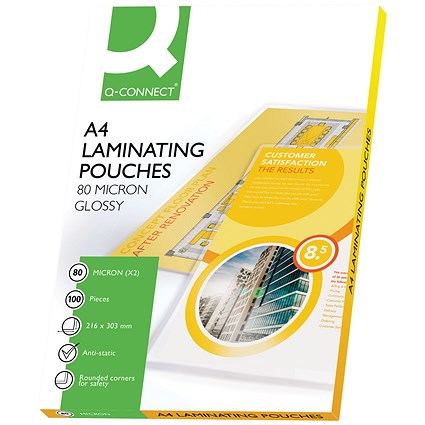 Q-Connect A4 Laminating Pouches, 160 Microns, Glossy, Pack of 100