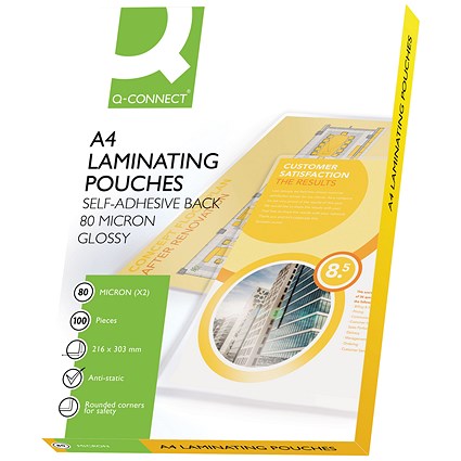 Q-Connect A4 Laminating Pouches, Self-Adhesive Back, 160 Microns, Glossy, Pack of 100