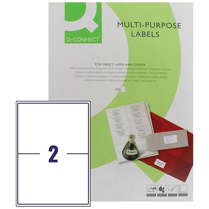Q-Connect Multi-Purpose Labels, 2 Per Sheet, 199.6x143.5mm, White, 200 Labels