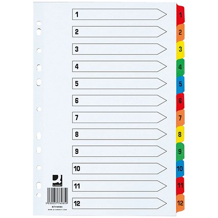 Q-Connect Reinforced Board Index Dividers, Extra Wide, 1-12, Multicolour Tabs, A4, White