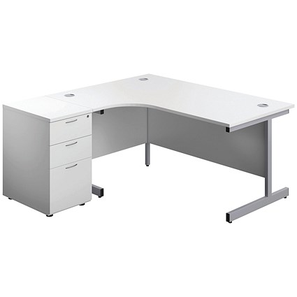 First 1600mm Corner Desk, Left Hand, Silver Cantilever Legs, White, With 3 Drawer Desk High Pedestal