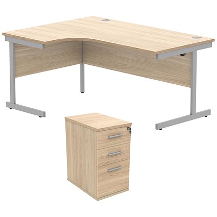 Astin 1600mm Corner Desk with 3 Drawer Desk High Pedestal, Left Hand, Silver Cantilever Leg, Oak