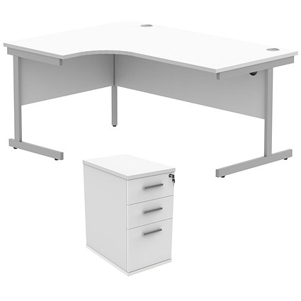 Astin 1600mm Corner Desk with 3 Drawer Desk High Pedestal, Left Hand, Silver Cantilever Leg, White