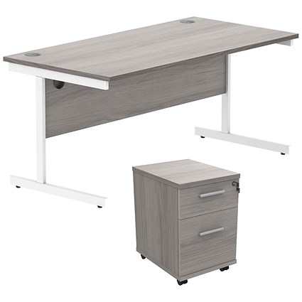 Astin 1600mm Rectangular Desk with 2 Drawer Mobile Pedestal, White Cantilever Legs, Grey Oak