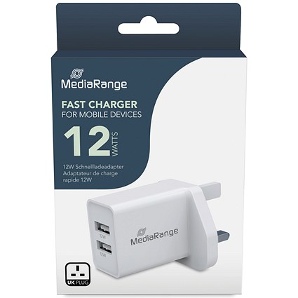 MediaRange Fast Charging Adapter, 2x USB-A 12W UK Plug, White