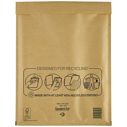 Mail Lite Bubble Postal Bag, Size H/5 270x360mm, Gold, Pack of 50