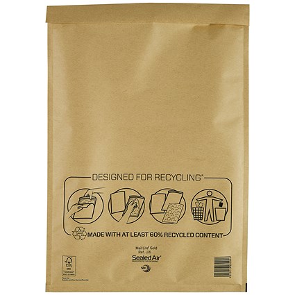 Mail Lite Bubble Postal Bag, Size J/6 300x440mm, Gold, Pack of 50
