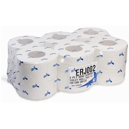 Esfina 2-Ply Mini Jumbo Toilet Roll, 150m, White, Pack of 12