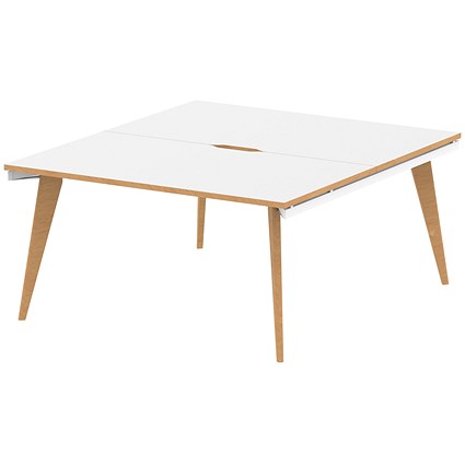 Oslo 2 Person Bench Desk, Back to Back, 2 x 1400mm (800mm Deep), White Frame with Wooden Leg and Edge