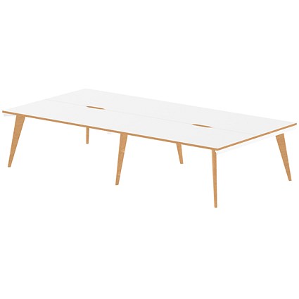 Oslo 4 Person Bench Desk, Back to Back, 4 x 1600mm (800mm Deep), White Frame with Wooden Leg and Edge