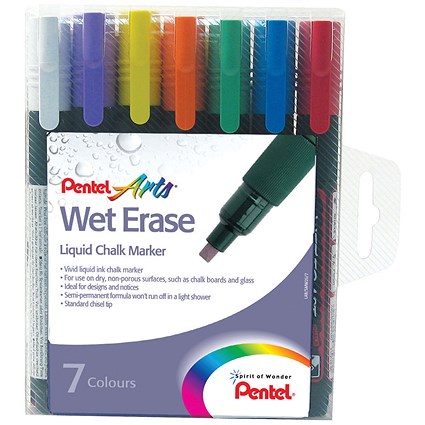 Pentel Chalk Marker, Chisel Tip, Assorted Colours, Pack of 7