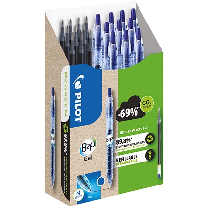 Pilot B2P 10 Gel Ink Rollerball Pens 10 Refills Medium Tip Blue (Pack of 20)