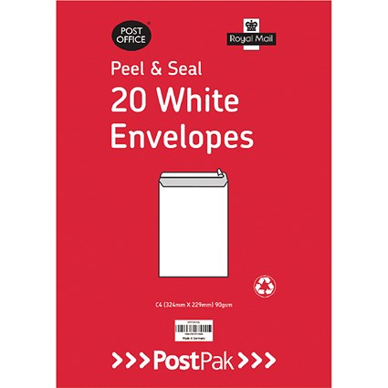Postpak C4 Envelopes, Peel and Seal, 90gsm, White, 10 Packs of 20