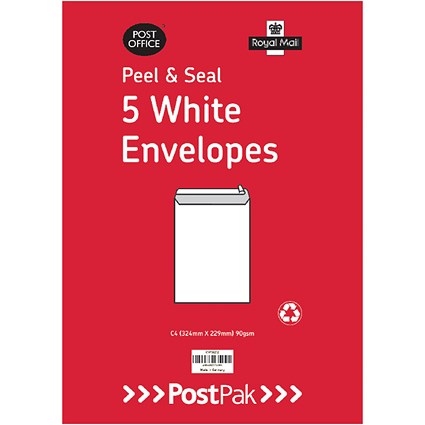 Postpak C4 Envelopes, Peel and Seal, 90gsm, White, 40 Packs of 5