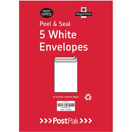 Postpak C5 Envelopes, Peel and Seal, 90gsm, White, 40 Packs of 5