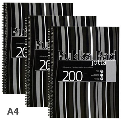 Pukka Pad Jotta Wirebound Notebook, A4, Ruled & Perforated, 200 Pages, Black, Pack of 3