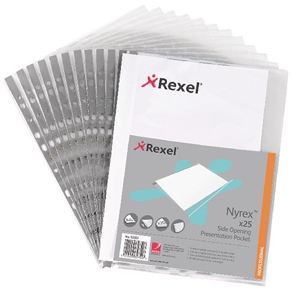 Rexel A4 Reinforced Nyrex Plastic Pockets, Side-Opening, Pack of 25