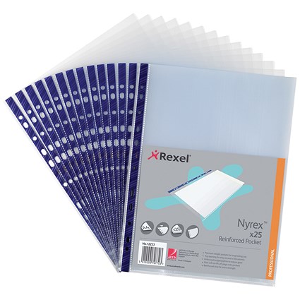 Rexel A4 Nyrex Reinforced Punched Pockets, 75 Micron, Top Opening, Pack of 25