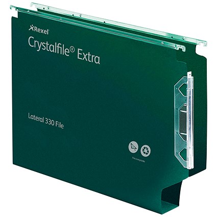 Rexel Crystalfile Extra Polypropylene Lateral Suspension Files, Plastic, 330mm Width, 30mm Square Base, Green, Pack of 25