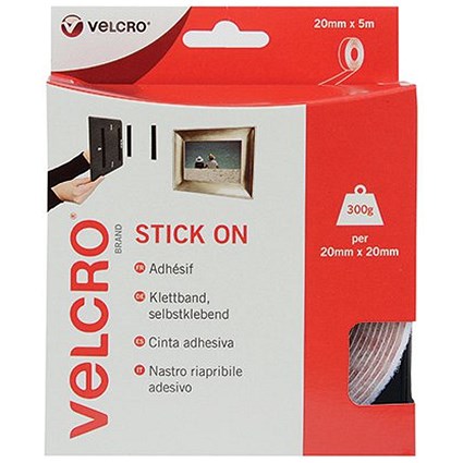Velcro Stick On Tape, 20mmx5m, White