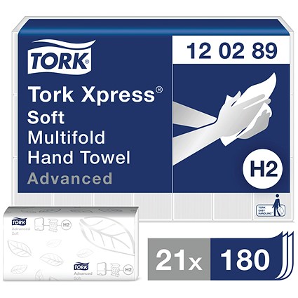 Tork H2 Xpress 2-Ply MultiFold Soft Hand Towels, White, Pack of 3780
